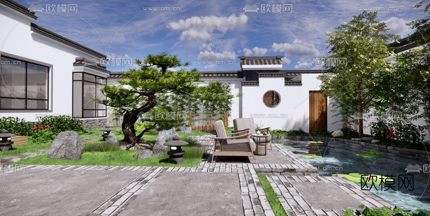 新中式庭院景观su模型下载（渲染图1）