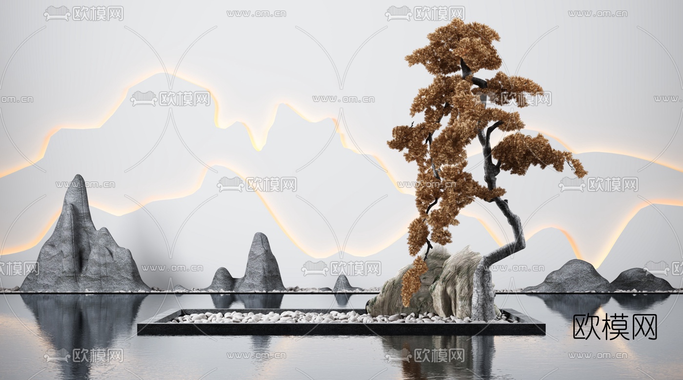 新中式松树景观小品3d模型下载