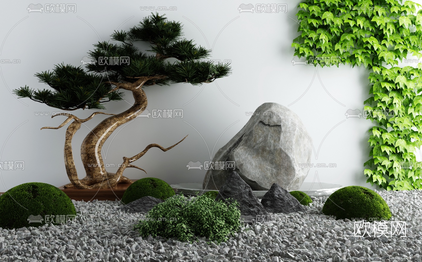 新中式造景松树山石园艺小品3d模型