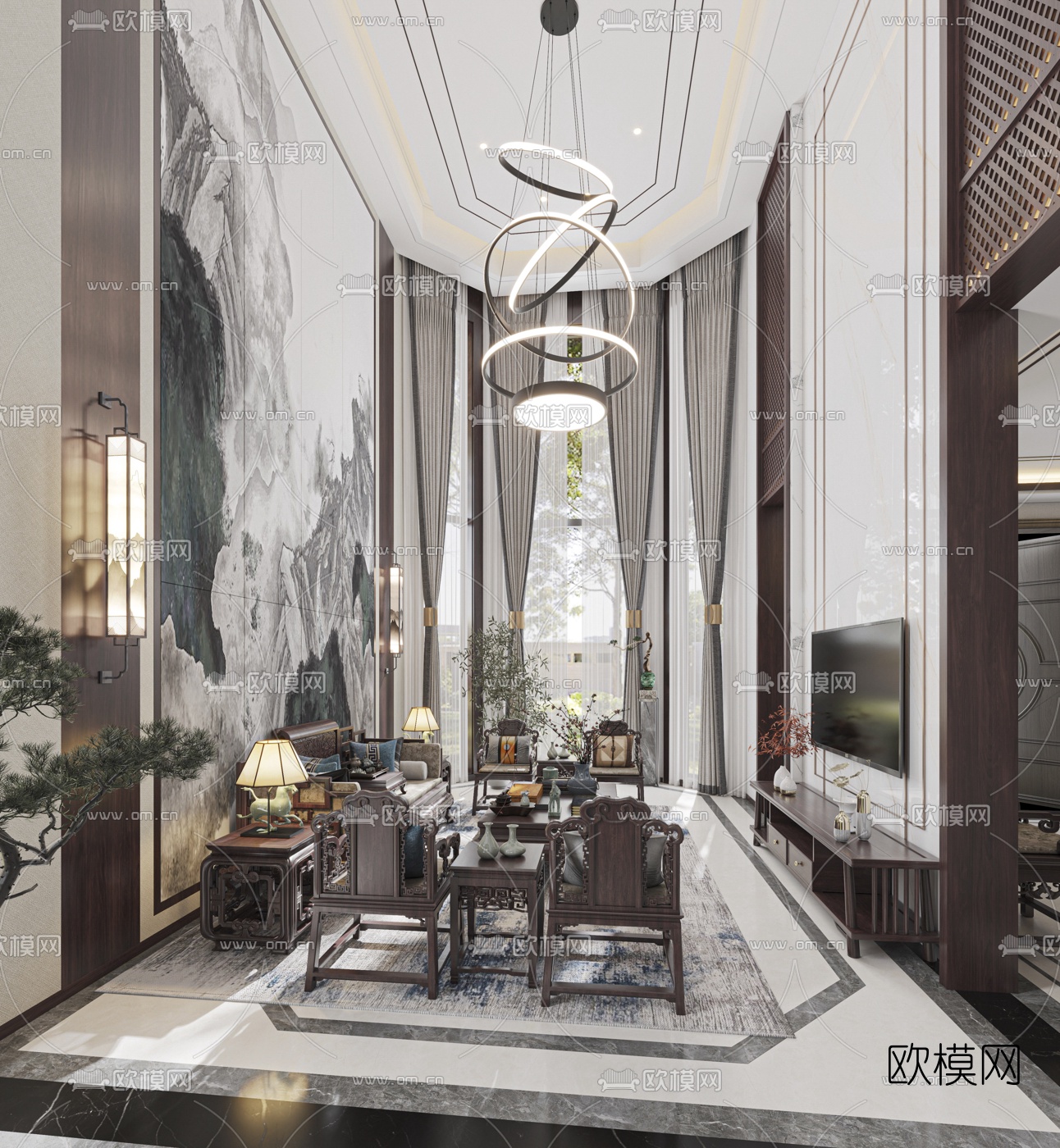 新中式别墅客厅餐厅3d模型