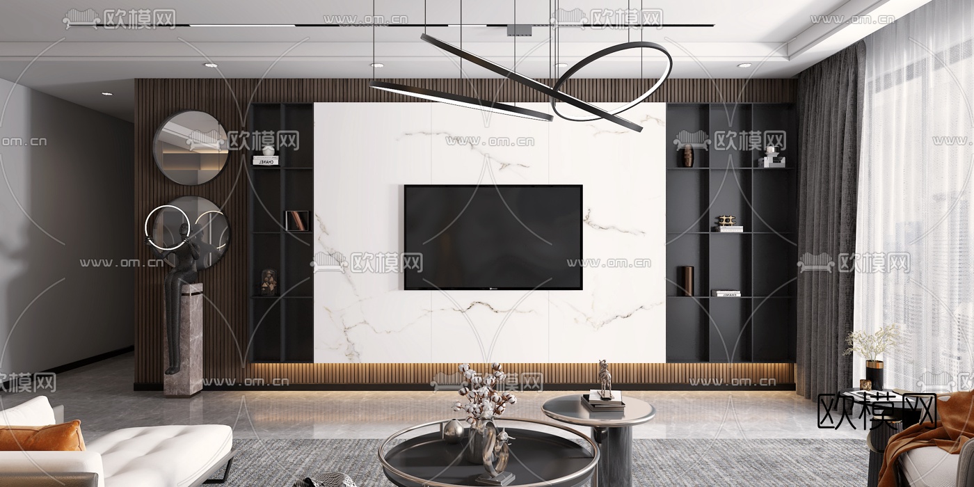 现代轻奢客厅餐厅3d模型下载（渲染图2）