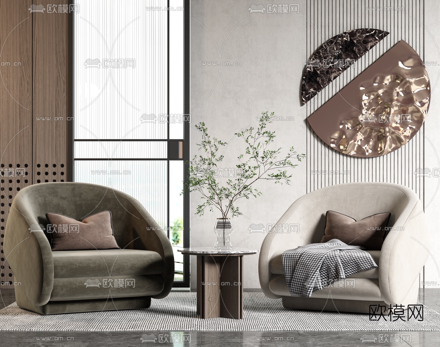 现代绒布单人沙发边几3d模型