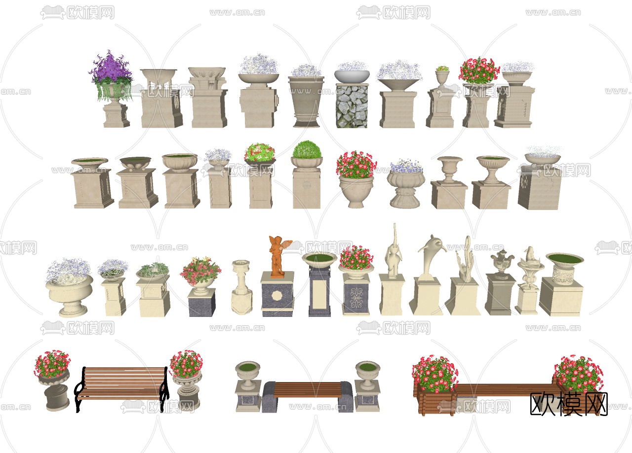 欧式花坛花钵花盆su模型下载（渲染图1）