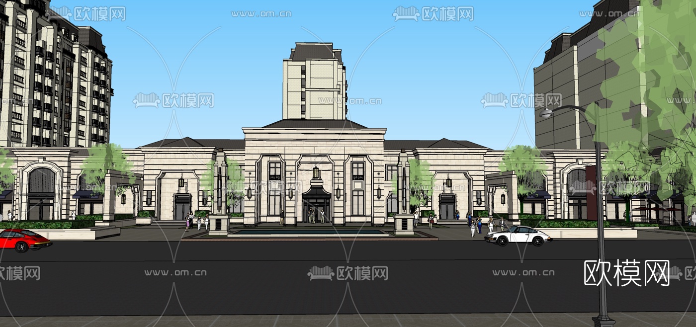 法式公寓楼小区入口外观su模型下载（渲染图2）