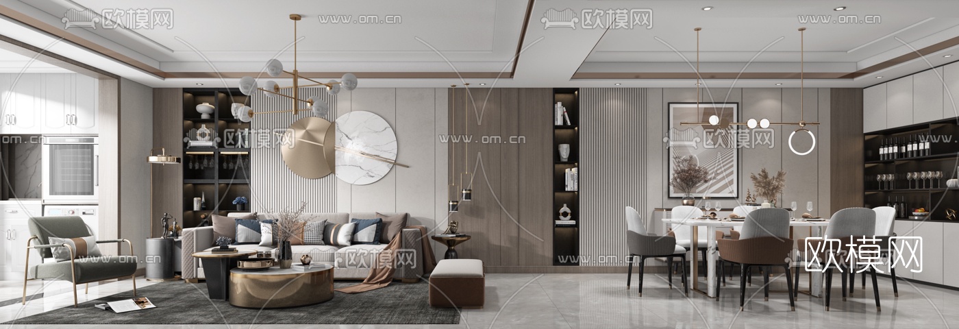 现代简约客厅餐厅3d模型下载（渲染图3）
