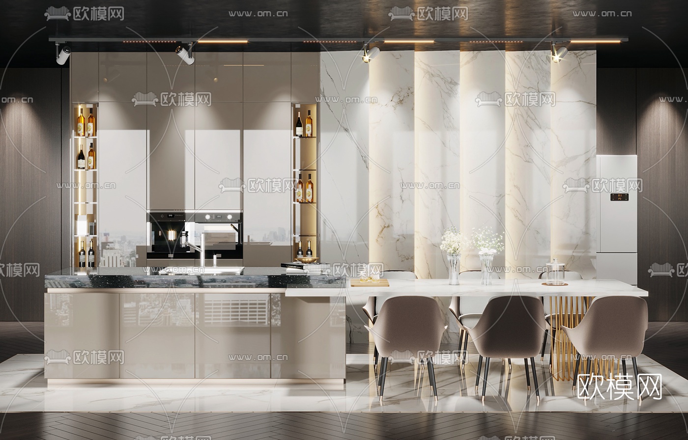 现代大理石中岛台餐桌椅3d模型下载（渲染图1）