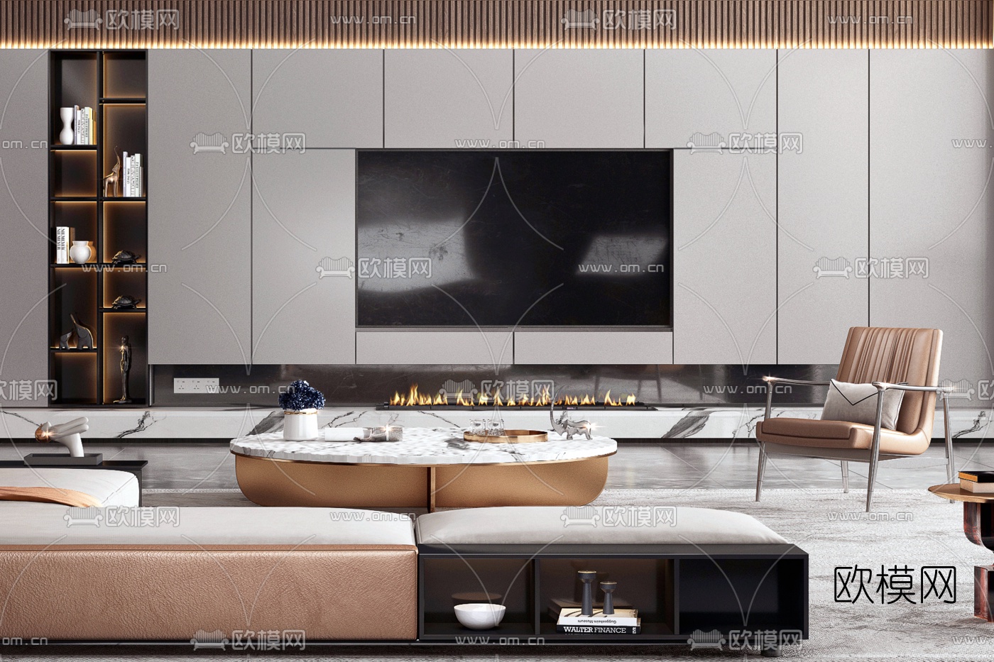 现代轻奢客厅3d模型下载（渲染图2）