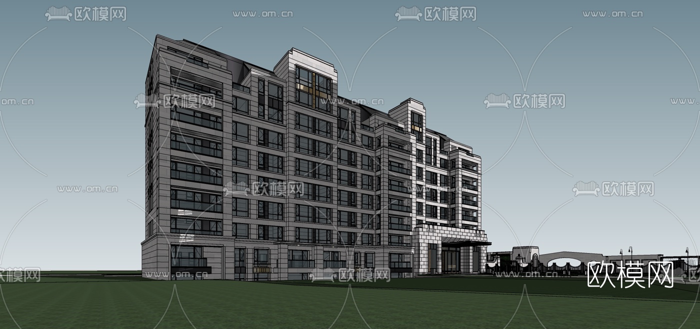新古典高层公寓楼su模型下载（渲染图1）
