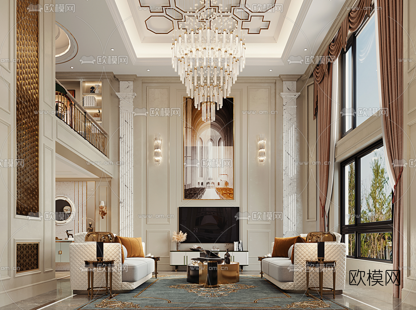 简欧轻奢别墅客厅3d模型下载（渲染图2）
