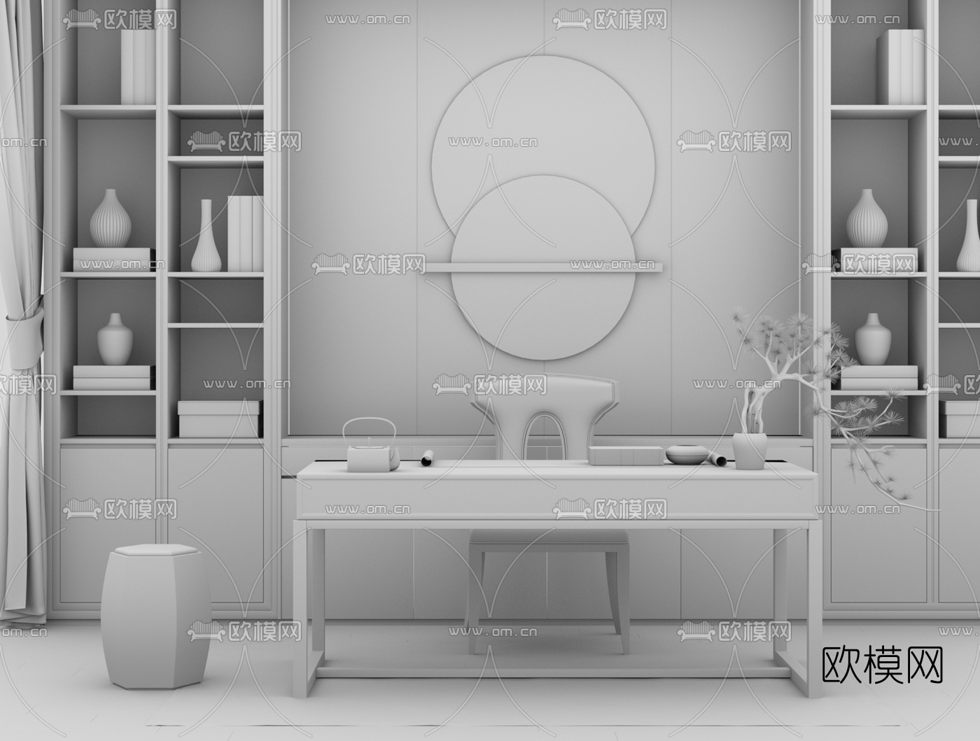 新中式实木书柜书桌椅su模型