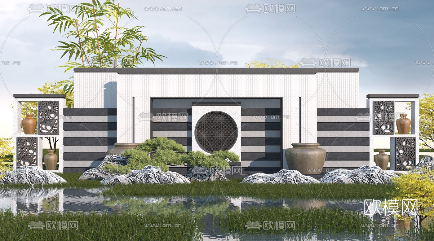 新中式园林景观墙3d模型下载