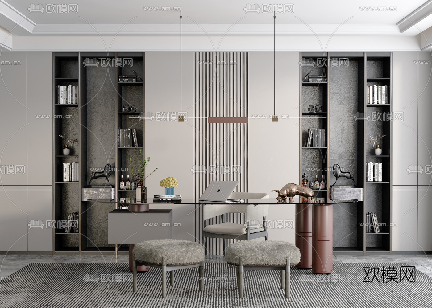 现代透明玻璃书桌椅3d模型下载