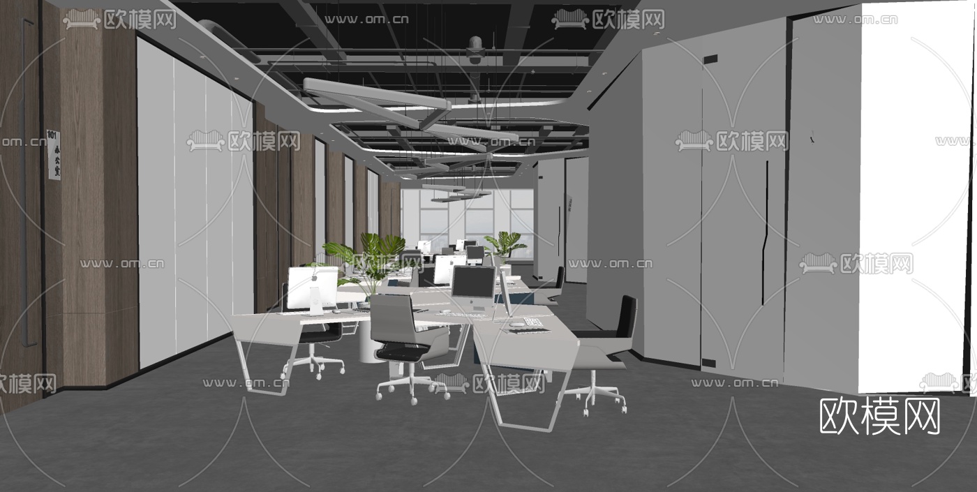 现代敞开式办公区su模型-免费3dmax模型库-欧模网