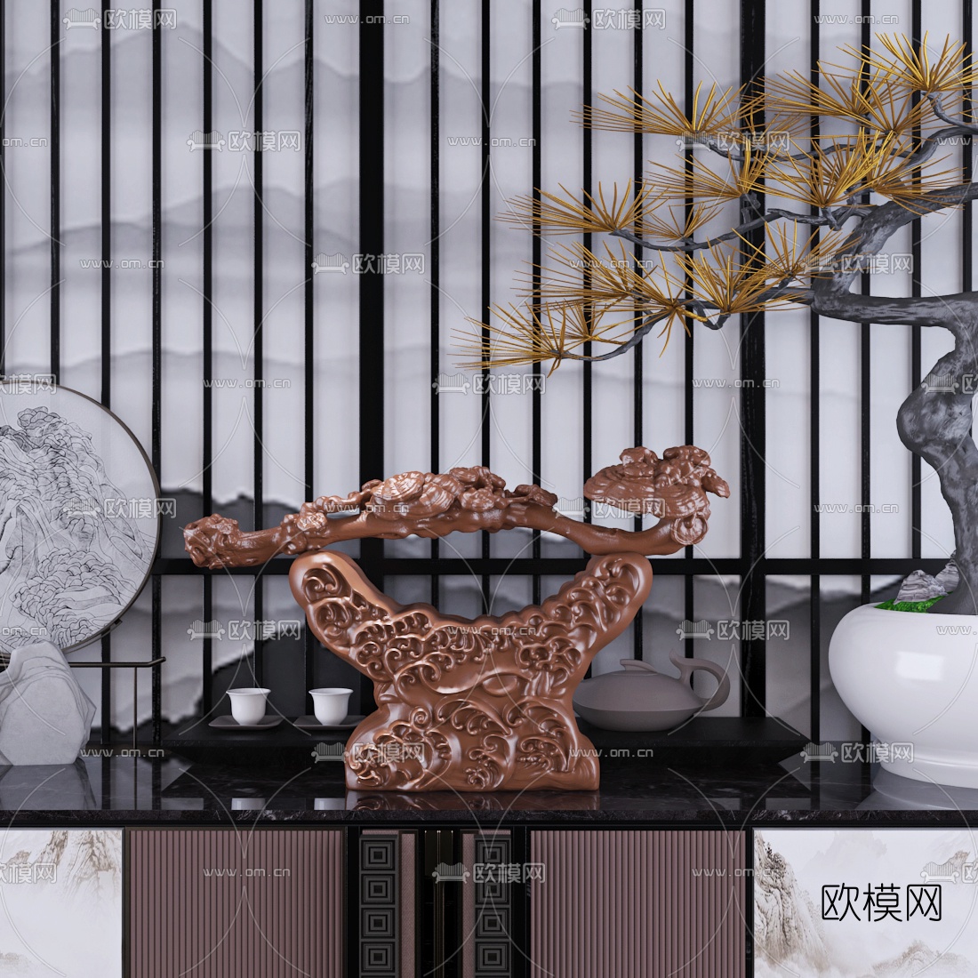 新中式如意木雕雕塑3d模型下载