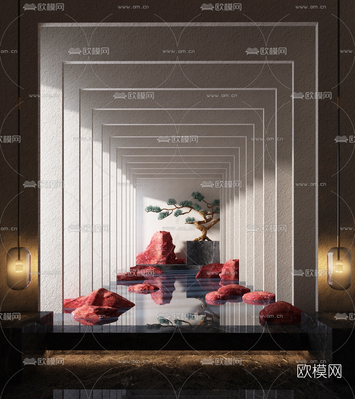 新中式假山松树水景小品3d模型