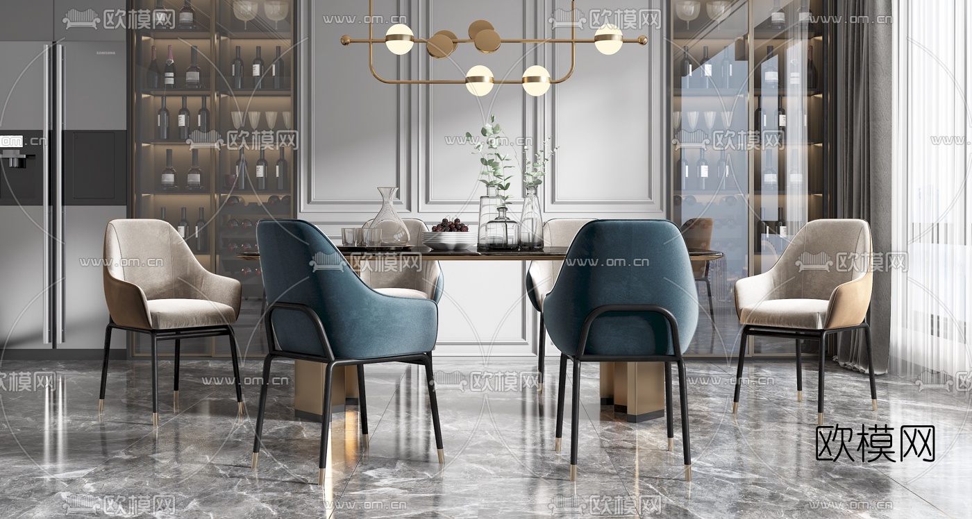 现代轻奢餐桌椅3d模型下载（渲染图2）
