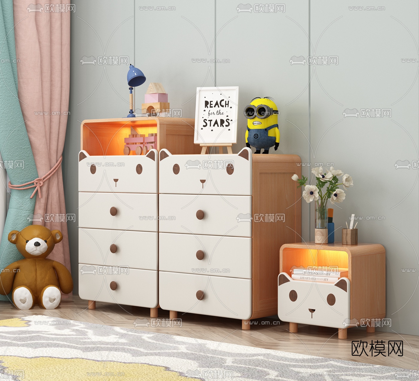北欧卡通儿童斗柜床头柜3d模型下载（渲染图2）