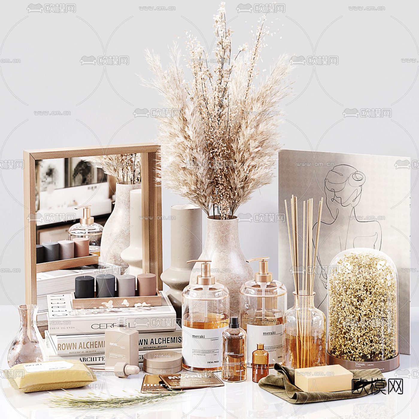 北欧干花镜子洗漱护肤品摆件3d模型下载（渲染图1）