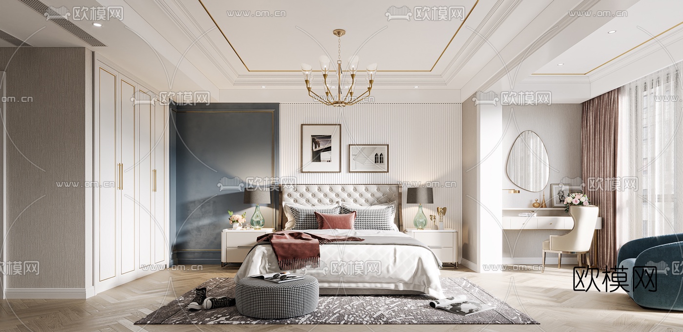 美式轻奢卧室主人房3d模型下载（渲染图1）