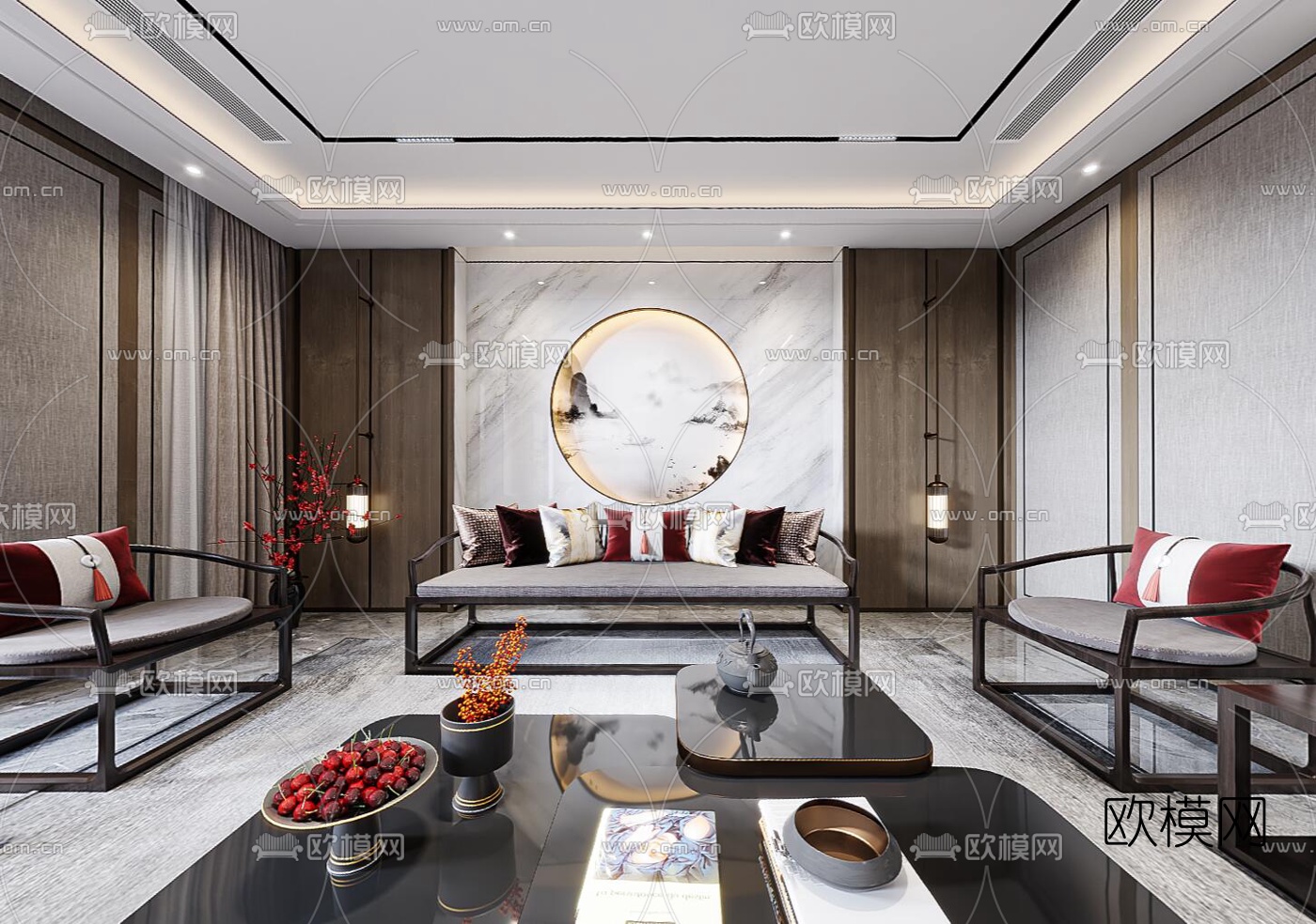 新中式复式客餐厅vr全景3d模型