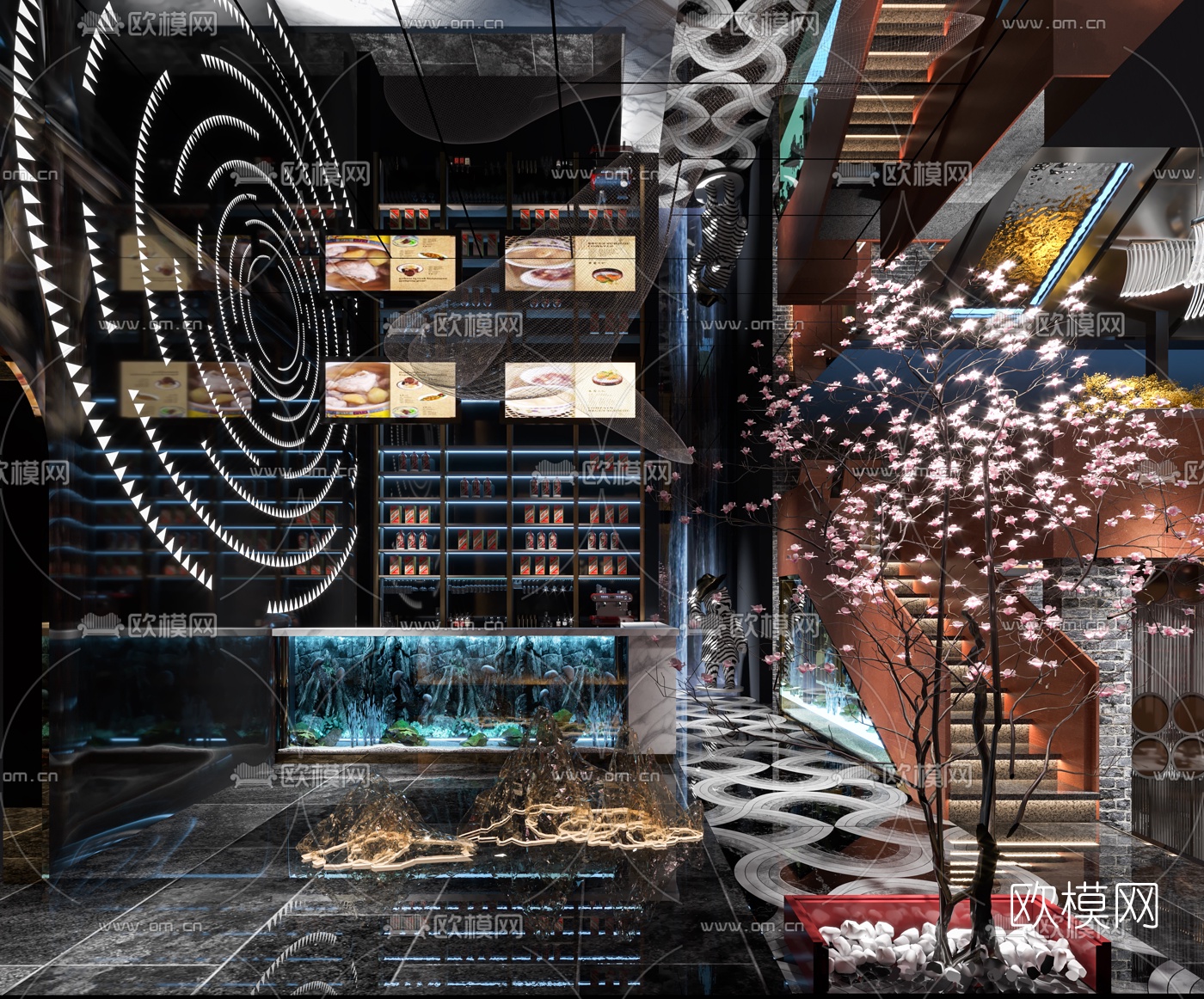 新中式烤鱼餐厅包房3d模型
