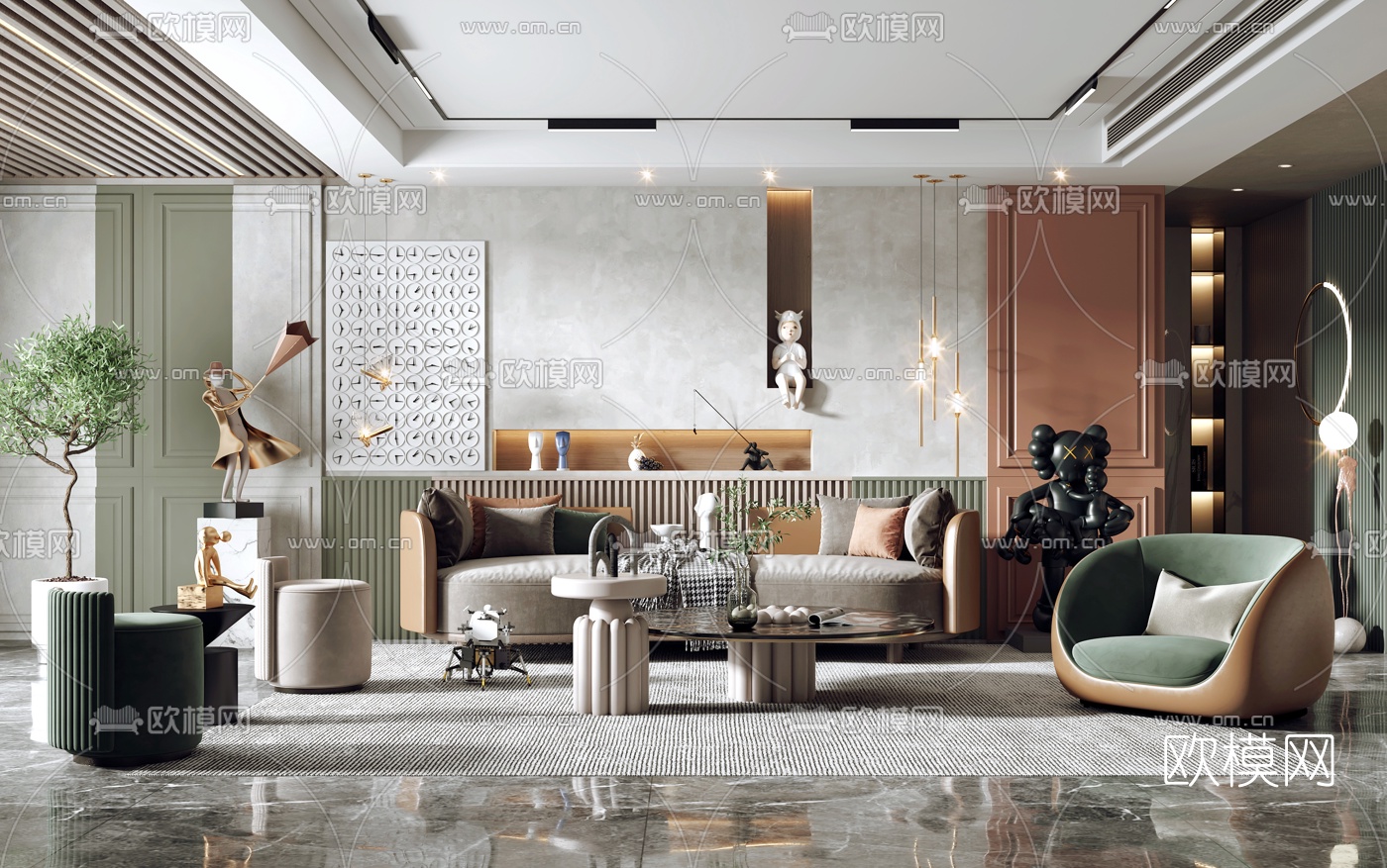 现代轻奢布艺沙发组合3d模型下载（渲染图1）