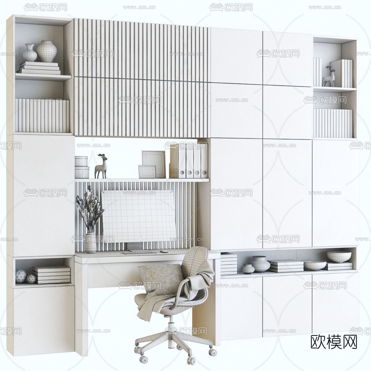 现代一体式书柜书桌椅3d模型
