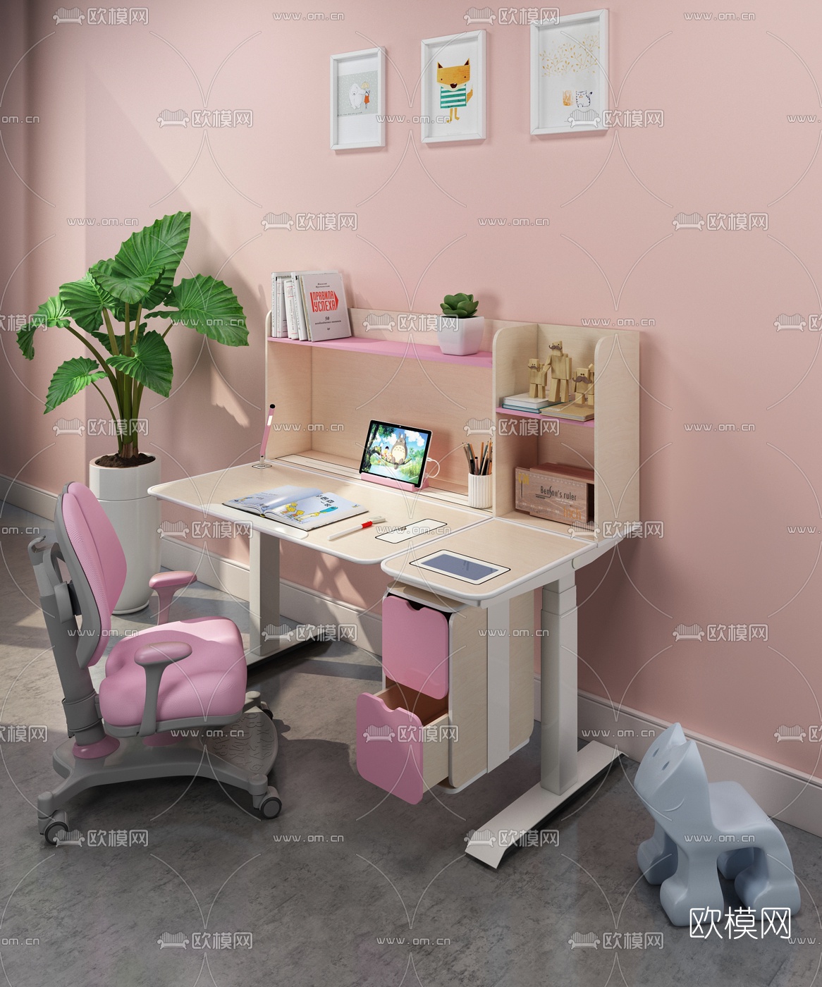 北欧儿童书桌椅3d模型下载（渲染图1）