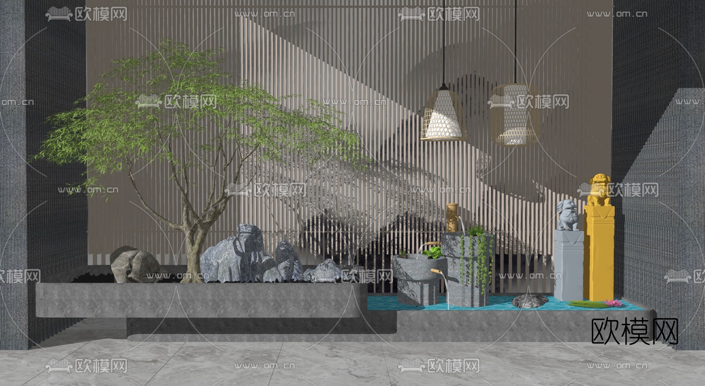 新中式假山流水小品su模型