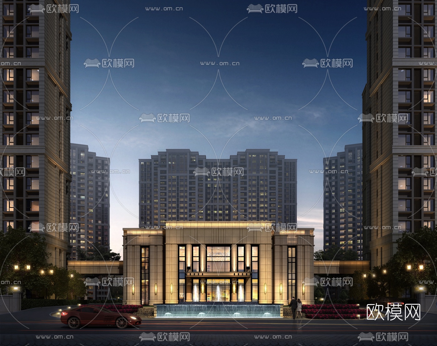 新古典售楼处外观夜景3d模型下载