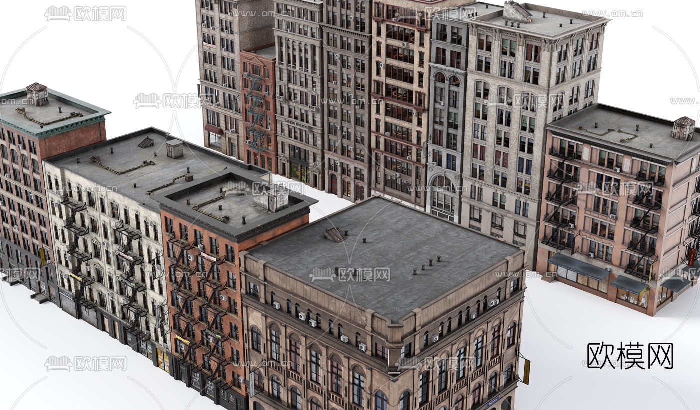 美式街道楼房建筑构件3d模型下载（渲染图4）