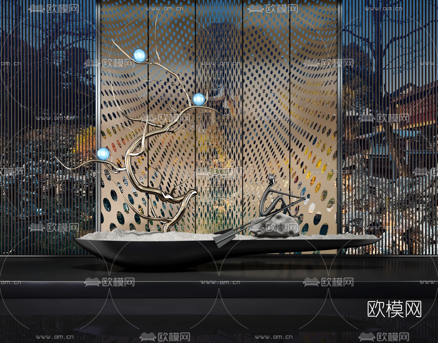 新中式树枝划船景观小品3d模型