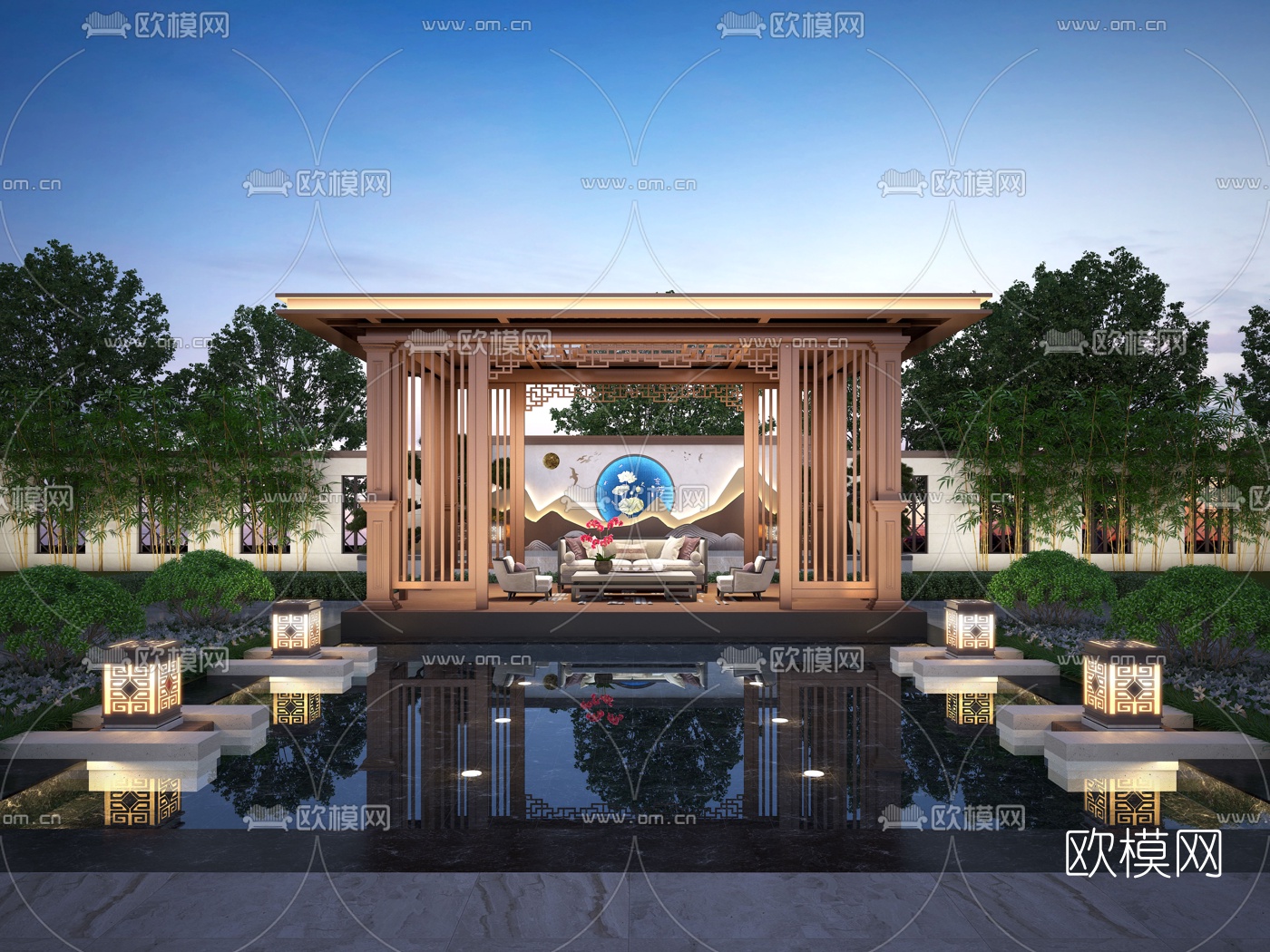 新中式庭院花园夜景3d模型下载