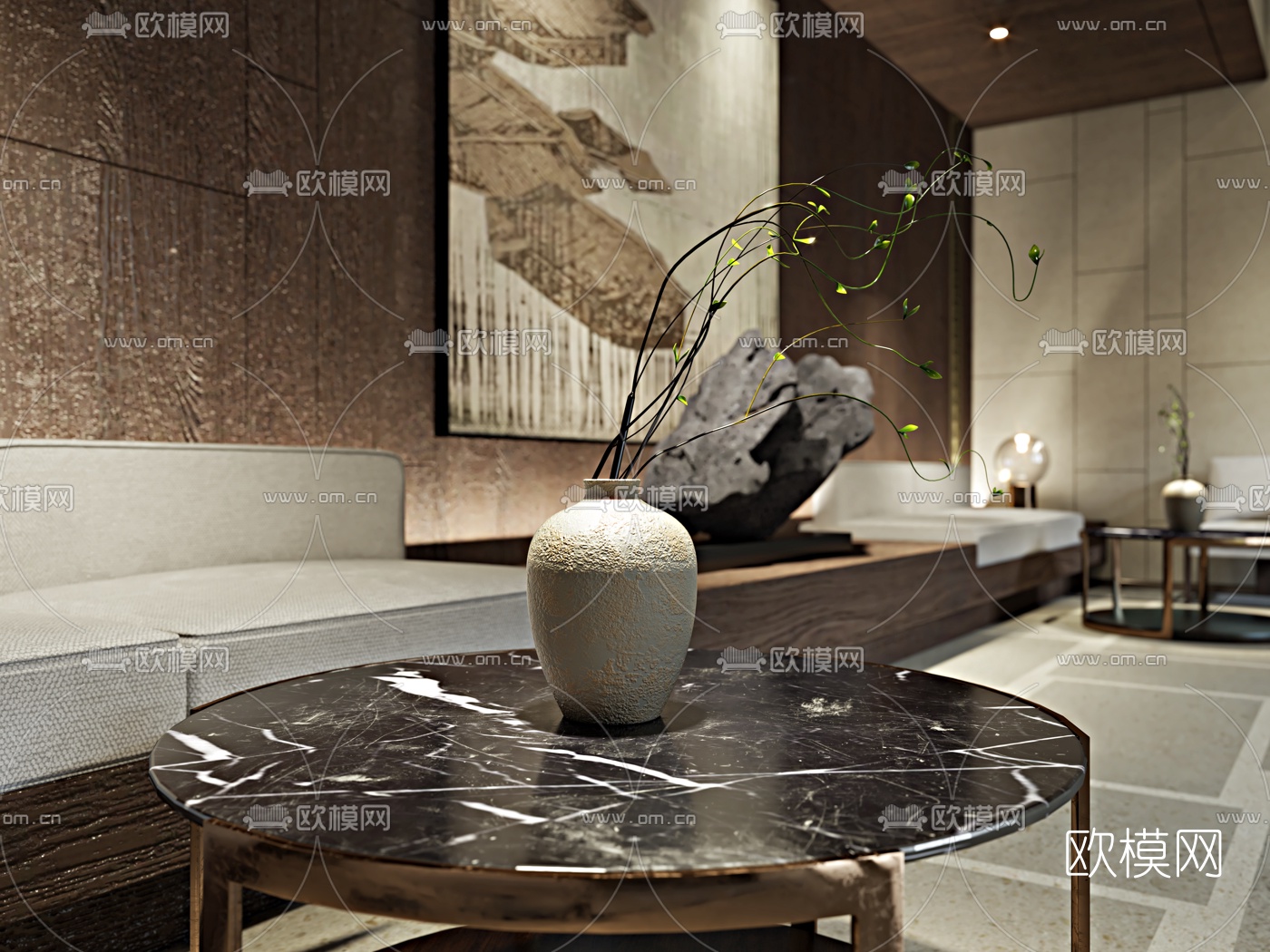 新中式会所中庭3d模型下载（渲染图2）