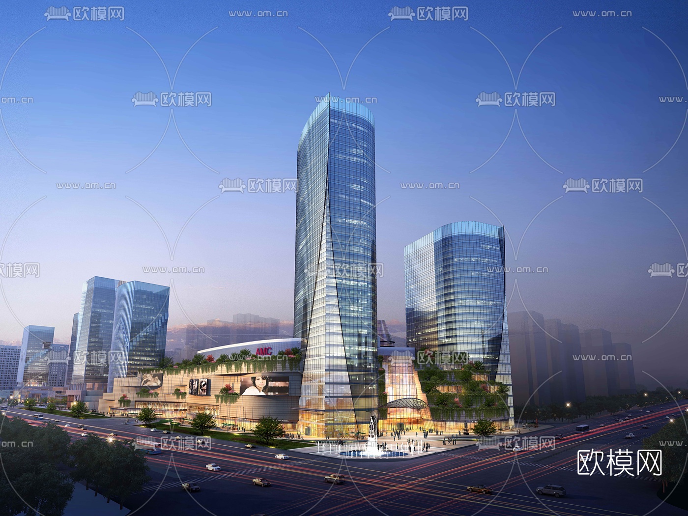 现代商业中心外观夜景3d模型下载