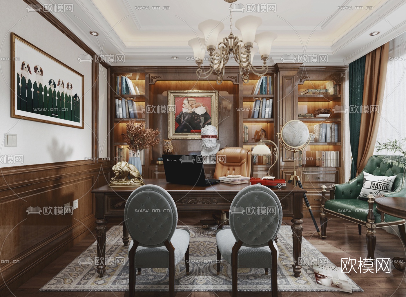 美式轻奢书房3d模型下载