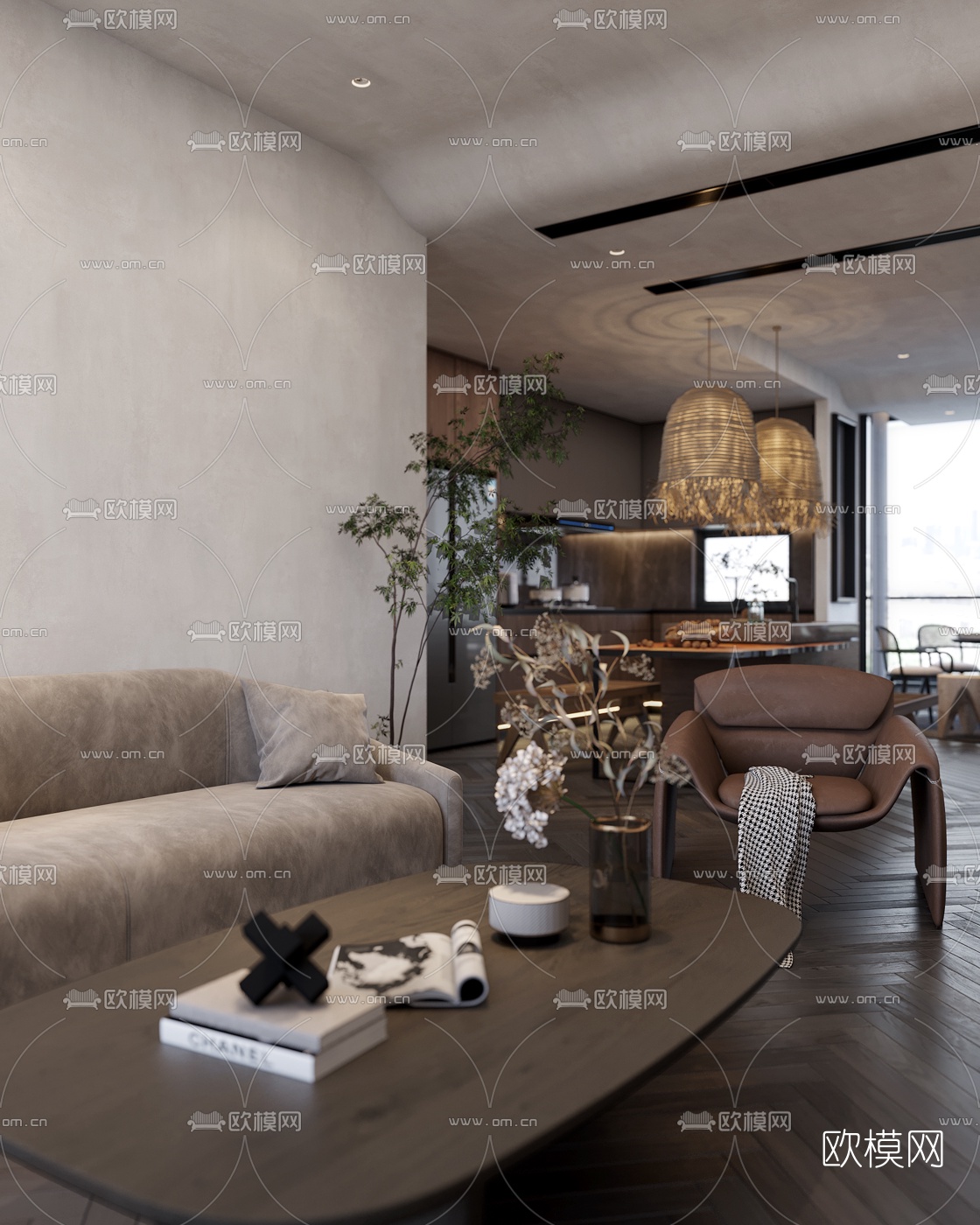 现代高级灰客厅餐厅3d模型