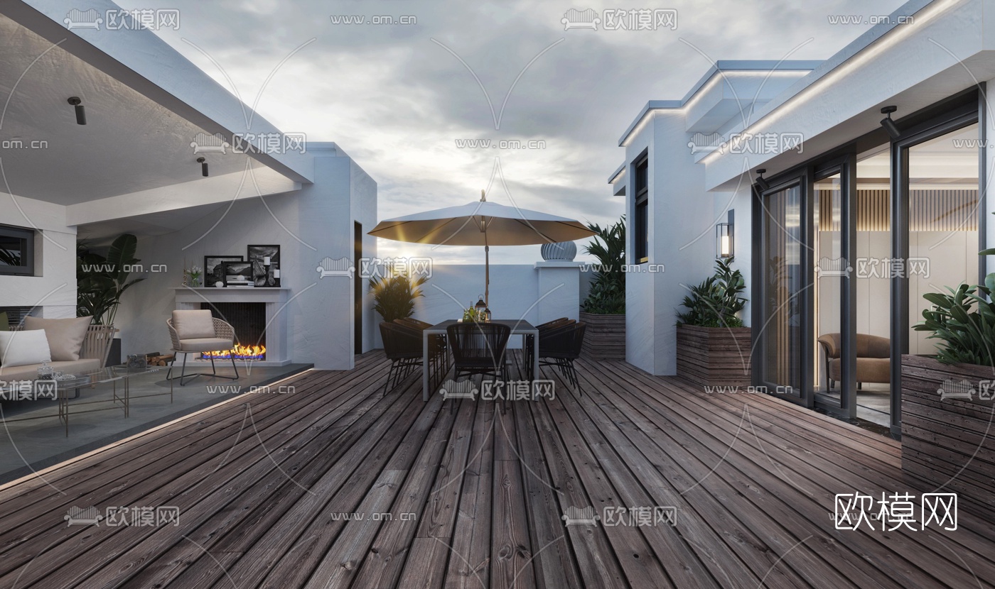 现代楼顶露台休闲区夜景3d模型下载（渲染图1）
