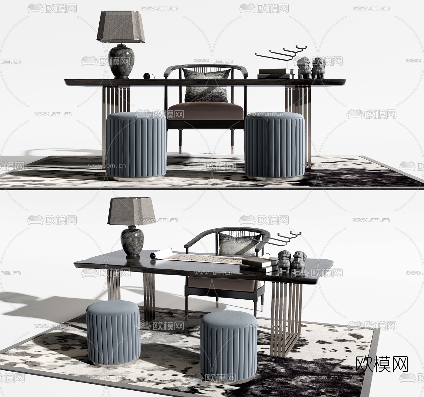 新中式书桌椅3d模型下载（渲染图1）