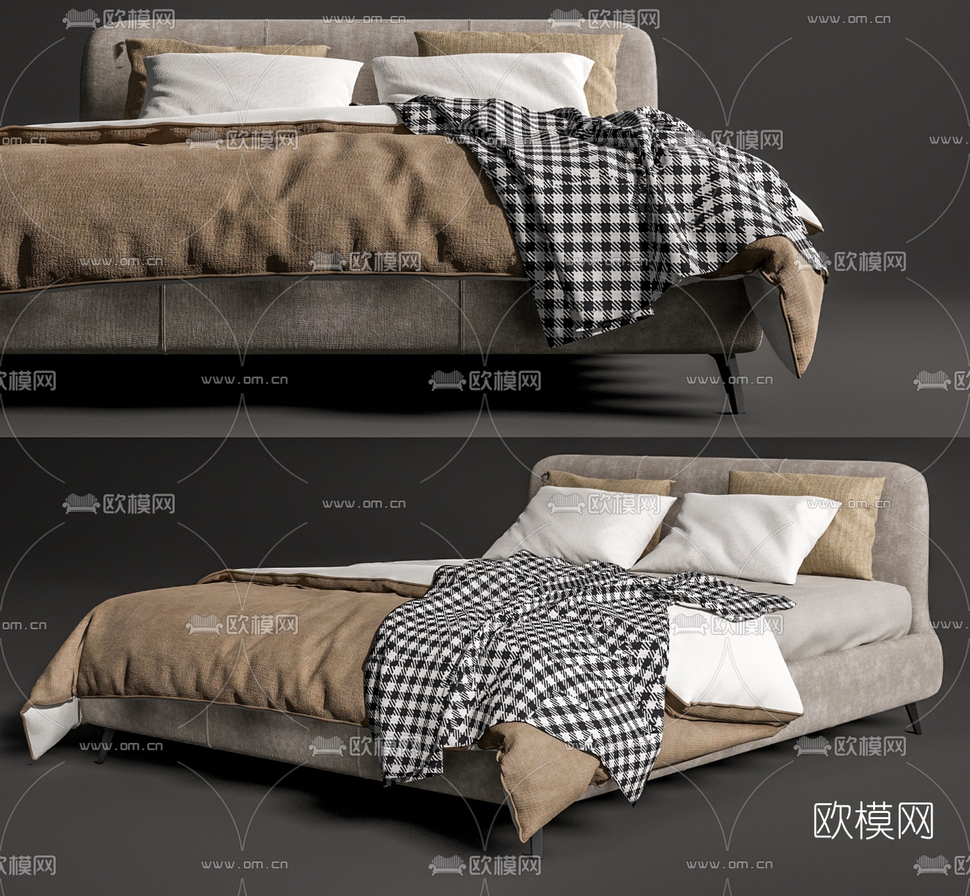 现代双人床su模型下载（渲染图1）