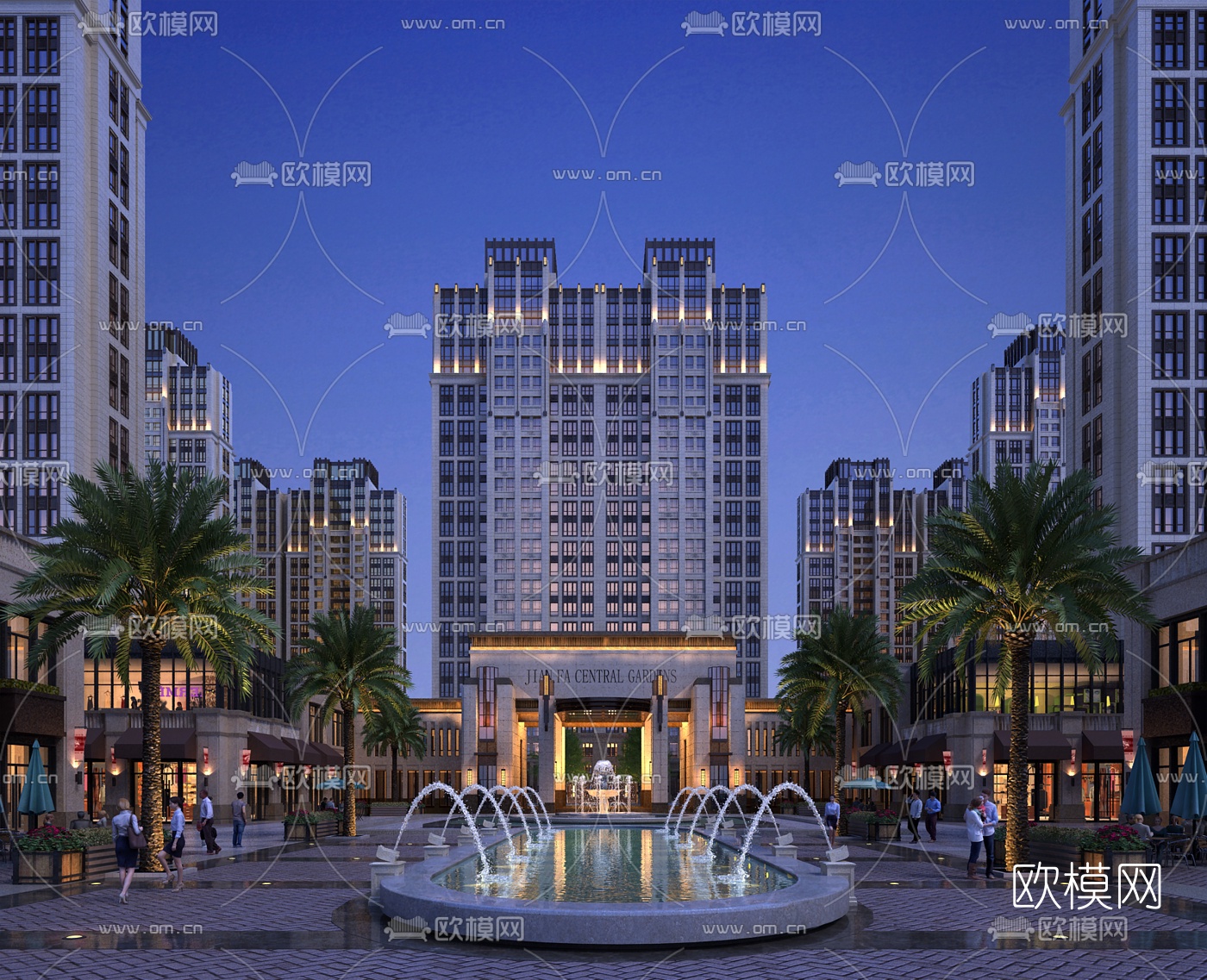 简欧住宅小区外观夜景3d模型下载