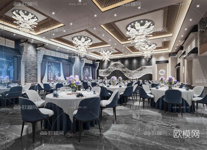 新中式酒店宴会厅3d模型下载(渲染图1)