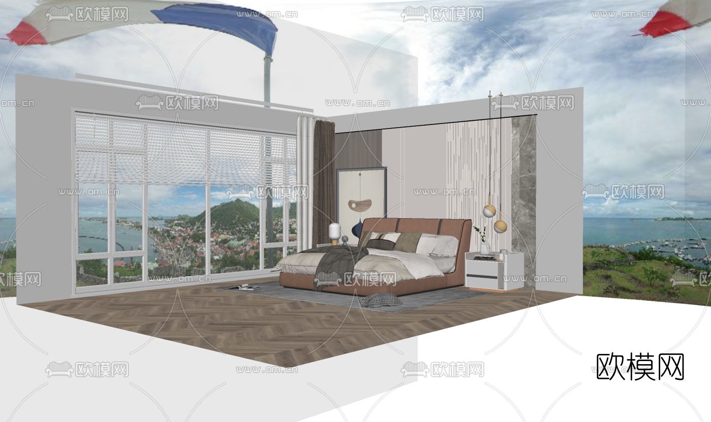 现代布艺双人床su模型下载