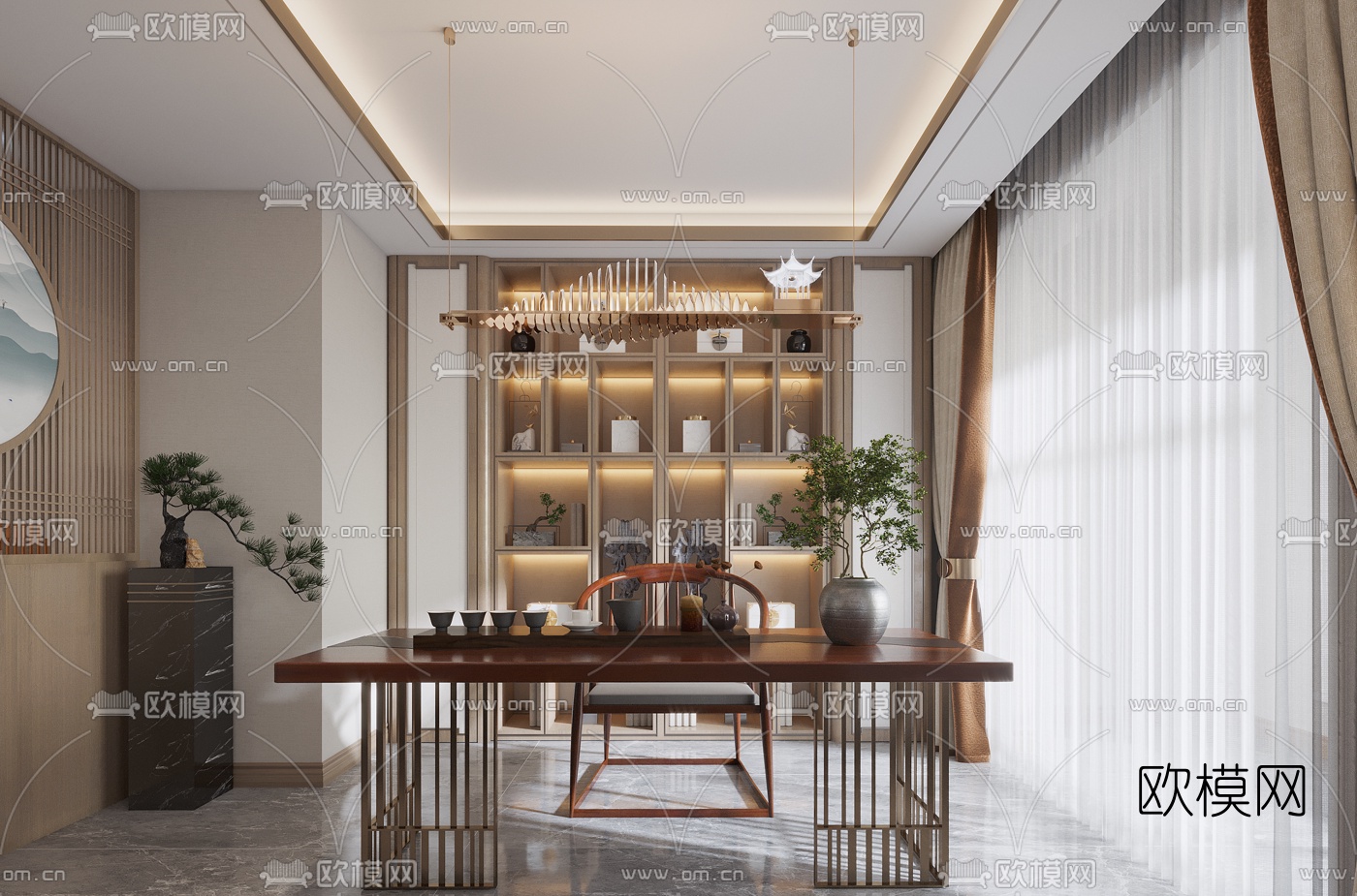 新中式轻奢客厅餐厅3d模型