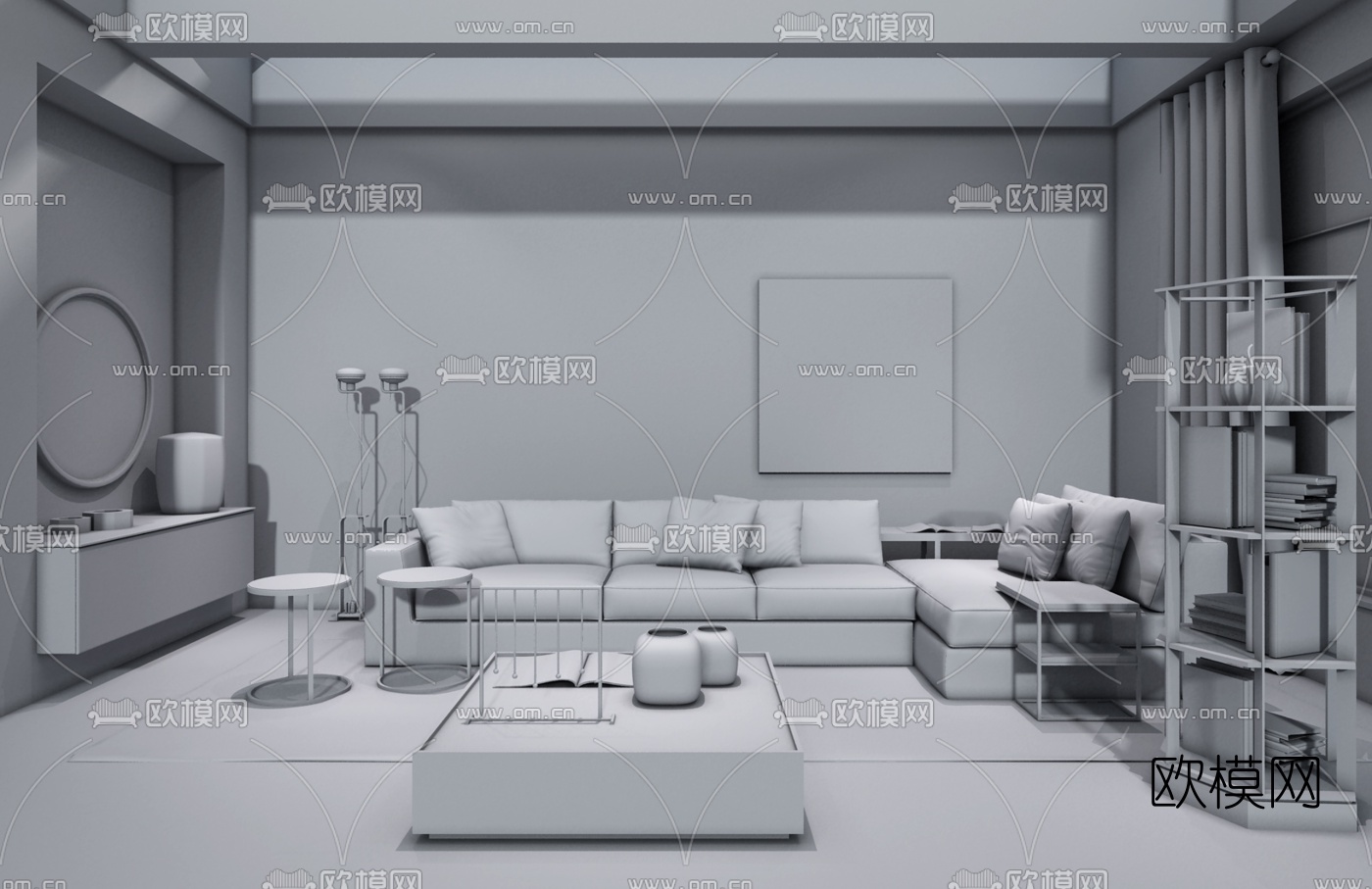 意大利Meridiani 现代沙发茶几书架组合3D模型下载（渲染图2）