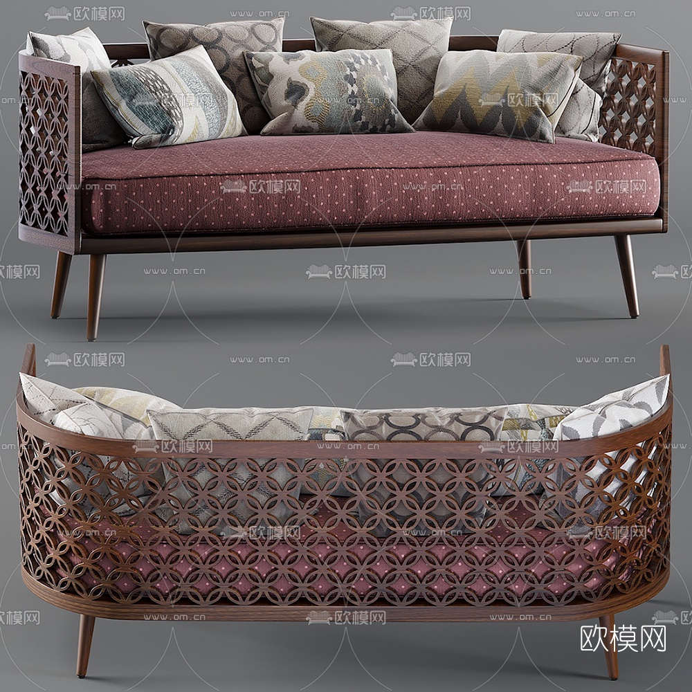 新中式实木双人沙发3d模型下载（渲染图1）