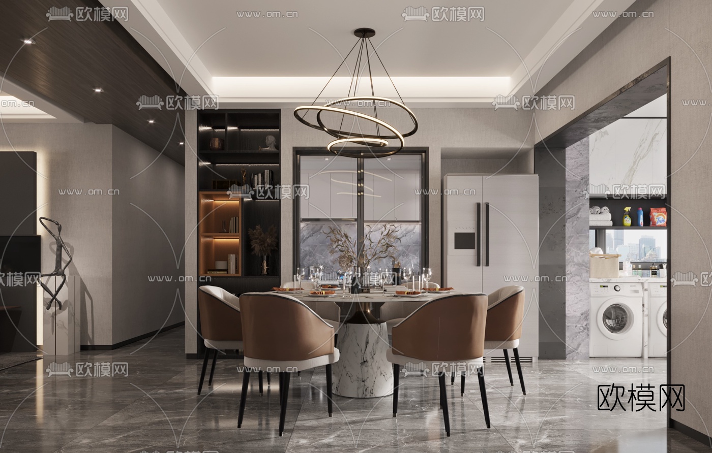 现代高级灰客厅餐厅3d模型下载（渲染图4）