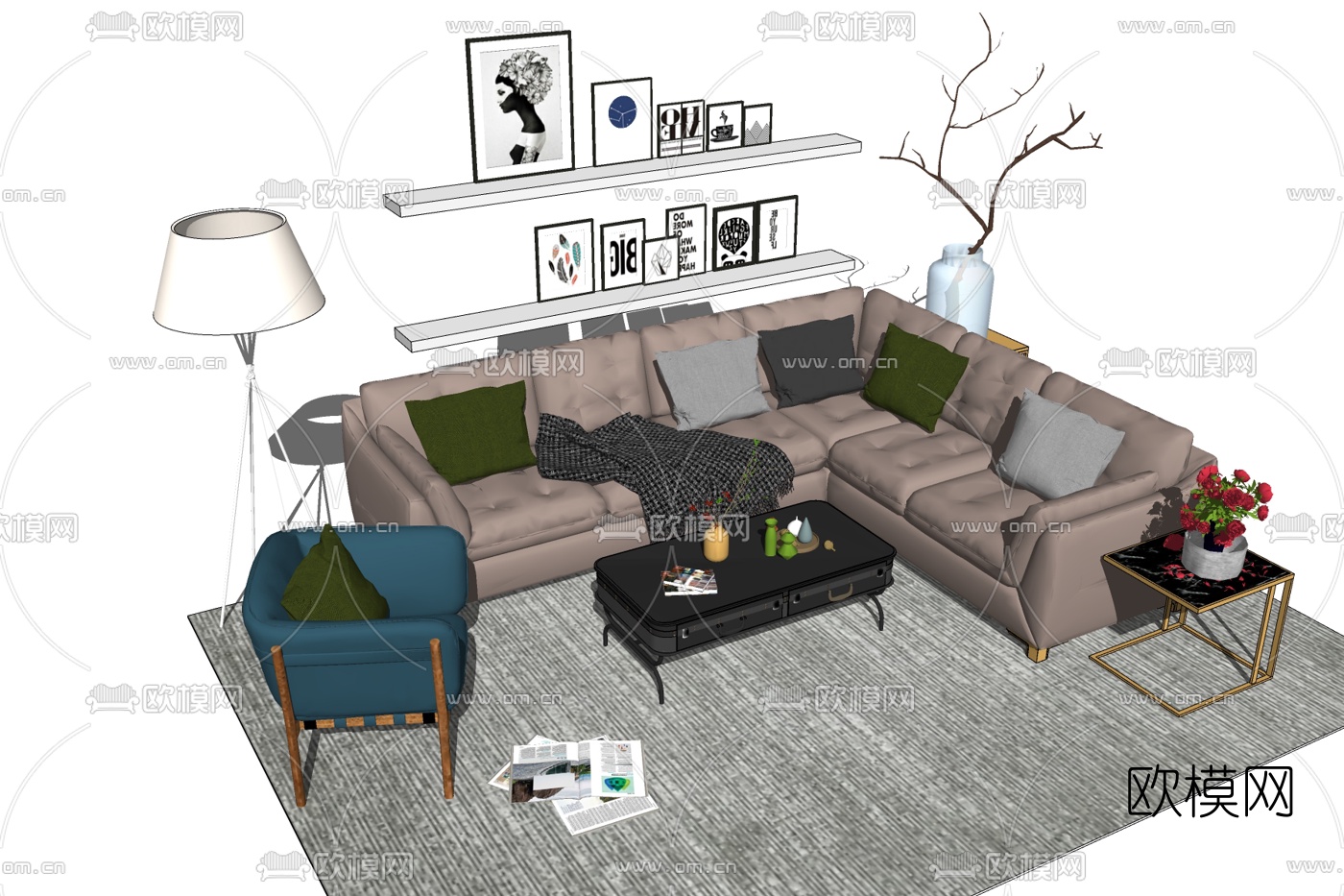 现代布艺组合沙发免费su模型下载