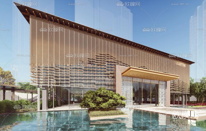 新中式售楼处外观su模型下载（渲染图2）