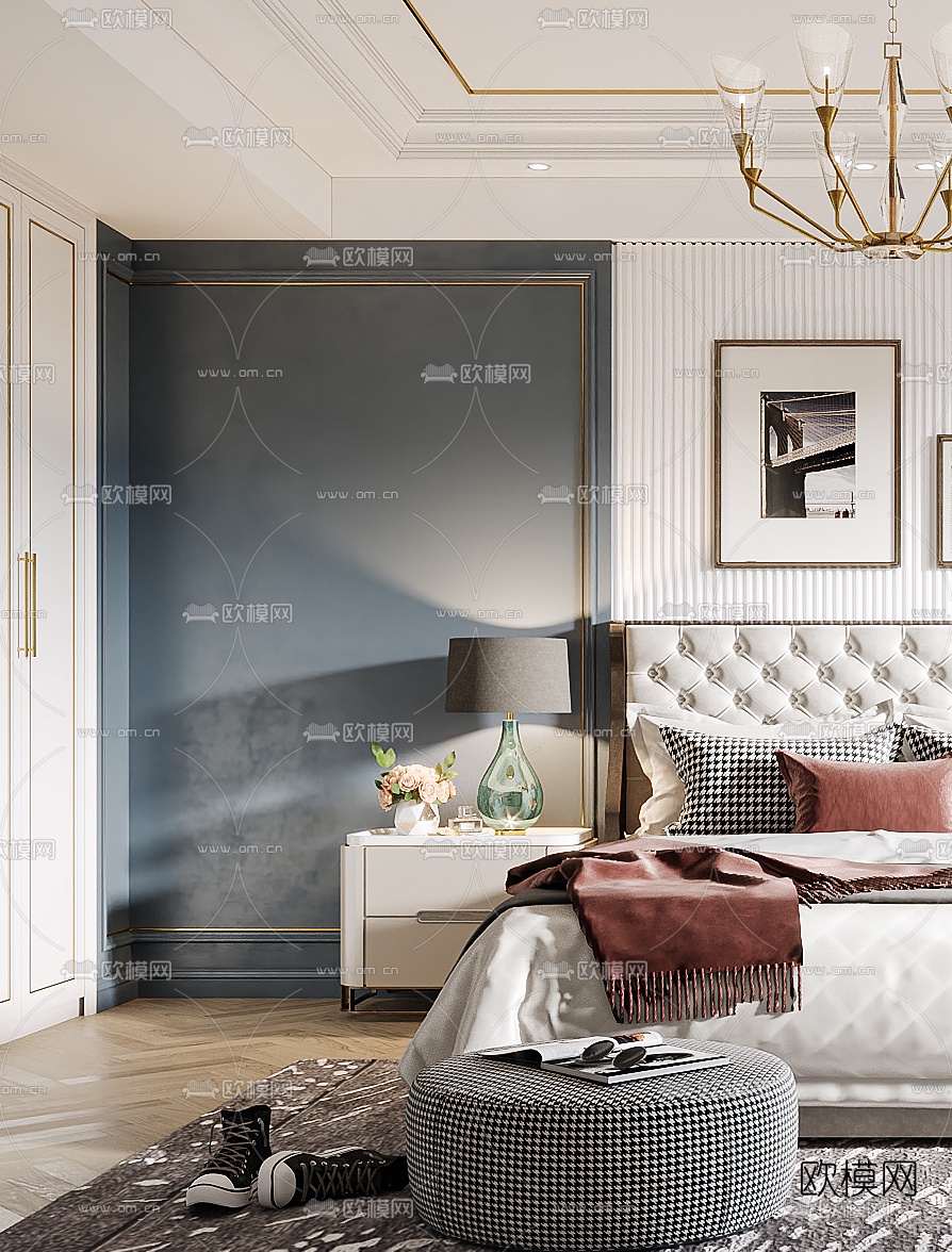 美式轻奢卧室主人房3d模型下载（渲染图3）